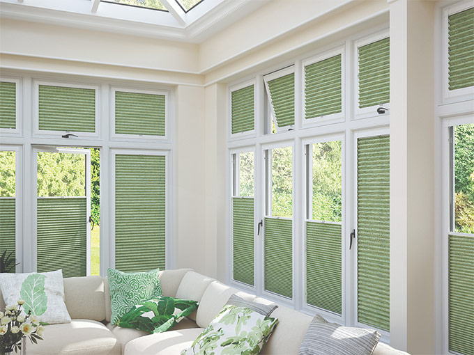 Louvolite pleasted Belize Leaf Cameo blinds