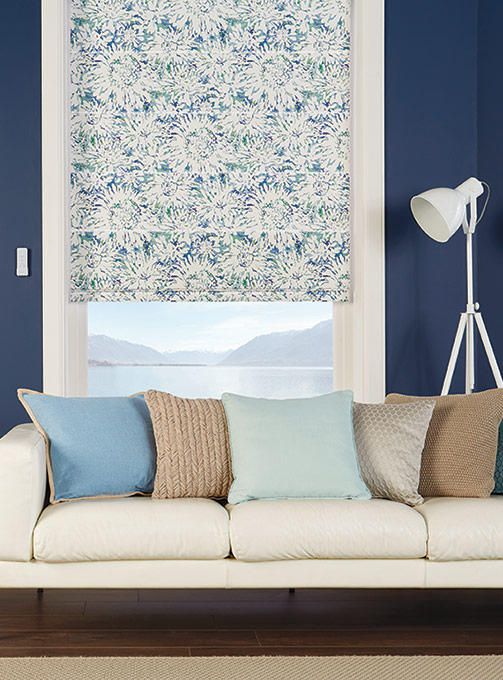 Tropican Blue Lagoon roman blinds